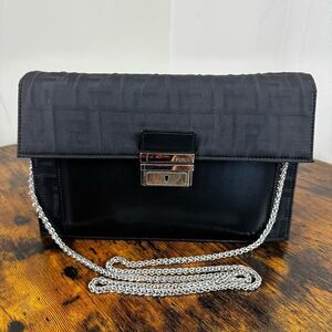 Fendi FF Solid Black Nylon Clutch Bag Vintage
